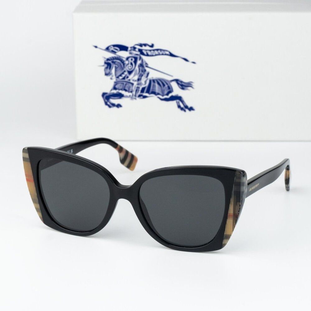 Burberry MARYL Women Sunglasses Black Vintage Check Grey Cat Eye BE4393 405587